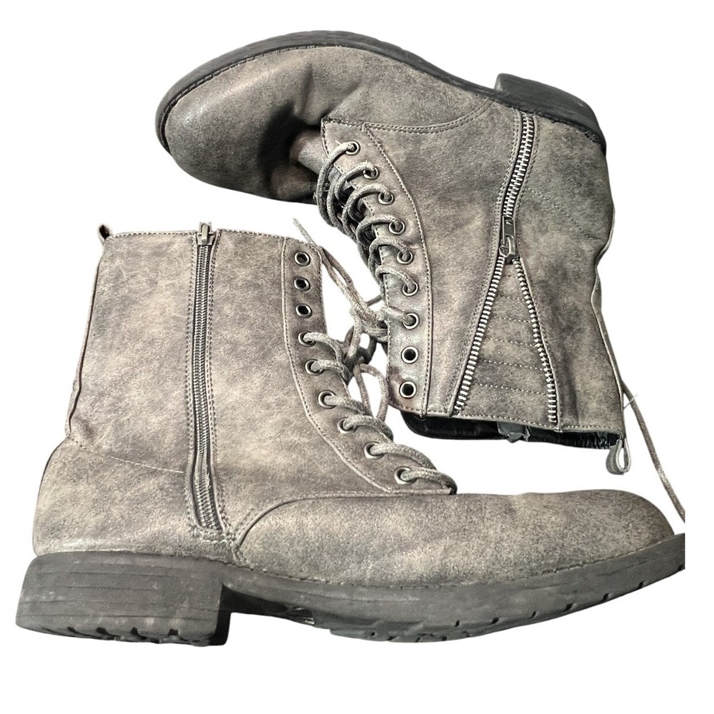 Rue21 ETC Combat Boots Womens US 8 Grey Distressed Lace Up Zipper Ankle Bootie